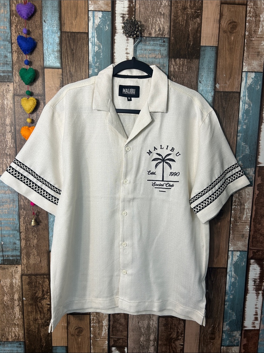 Malibu Cream Short Sleeve Button Down Shirt with Black Embroidery